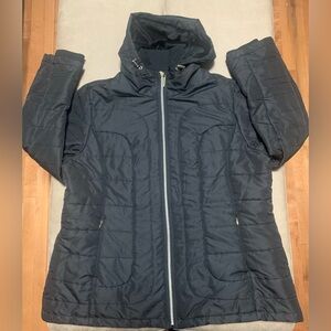 Intl Details Women’s Black Quilted Double Zip Bib Collar Hooded Puffer Coat XXL